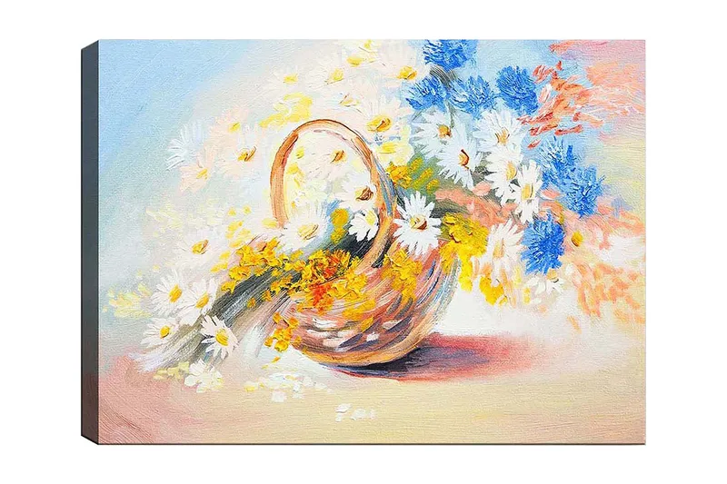 Lerretsbilde 70x100 cm - Kurv fylt med fargerike blomster, Blå / Hvit / Gul