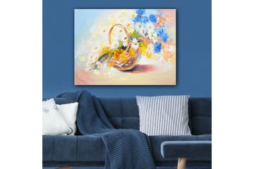 Lerretsbilde 70x100 cm - Kurv fylt med fargerike blomster - Blå / Hvit / Gul - Interiør - Maleri & posters - Lerretsbilder