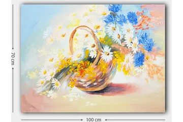 Lerretsbilde 70x100 cm - Kurv fylt med fargerike blomster - Blå / Hvit / Gul - Interiør - Maleri & posters - Lerretsbilder