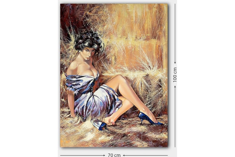 Lerretsbilde 70x100 cm - Kvinne i elegant kjole som sitter avslappet med et selvsikkert utseende - Hvit / Brun / Blå - Interiør - Maleri & posters - Lerretsbilder