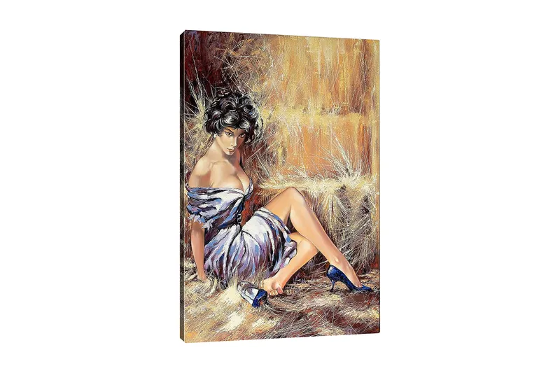 Lerretsbilde 70x100 cm - Kvinne i elegant kjole som sitter avslappet med et selvsikkert utseende, Hvit / Brun / Blå