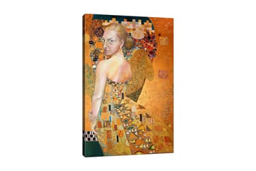 Lerretsbilde 70x100 cm - Kvinne i en elegant kjole med intrikate mønstre, som snur seg rundt med et uttrykksfullt blikk - Gull / Oransje / Beige - Interiør - Maleri & posters - Lerretsbilder