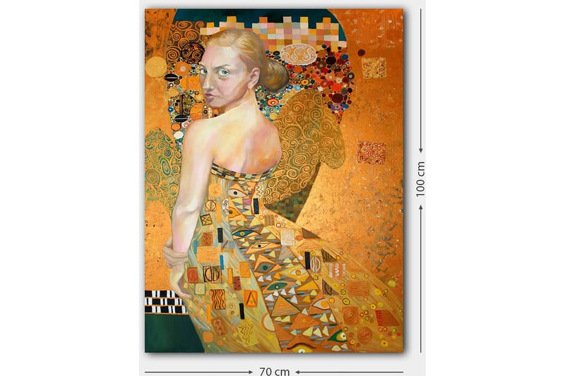 Lerretsbilde 70x100 cm - Kvinne i en elegant kjole med intrikate mønstre, som snur seg rundt med et uttrykksfullt blikk - Gull / Oransje / Beige - Interiør - Maleri & posters - Lerretsbilder