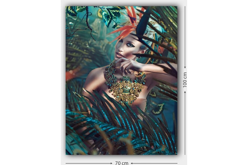 Lerretsbilde 70x100 cm - Kvinne i et tett, frodig miljø med en intrikat smykkedetalj som fanger blikket - Mørkegrønn / Turkis / Beige - Interiør - Maleri & posters - Lerretsbilder