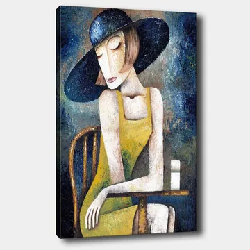Lerretsbilde 70x100 cm - Kvinne i gul kjole sitter ved et bord med en hvit kopp, iført en stor svart hatt - Gul / Svart / Blågrønn - Interiør - Maleri & posters - Lerretsbilder