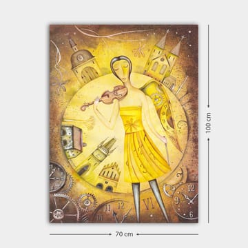 Lerretsbilde 70x100 cm - Kvinne i gul kjole som spiller fiolin, omgitt av klokker og bygninger - Gul / Brun - Interiør - Maleri & posters - Lerretsbilder