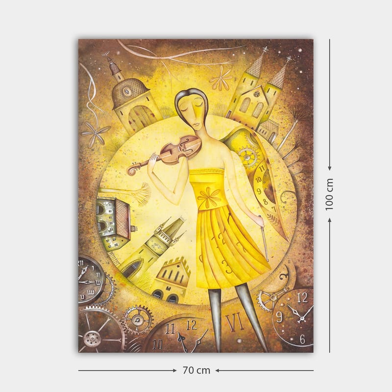 Lerretsbilde 70x100 cm - Kvinne i gul kjole som spiller fiolin, omgitt av klokker og bygninger - Gul / Brun - Interiør - Maleri & posters - Lerretsbilder