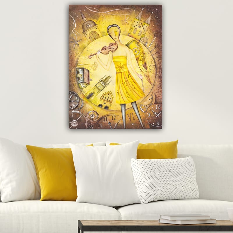 Lerretsbilde 70x100 cm - Kvinne i gul kjole som spiller fiolin, omgitt av klokker og bygninger - Gul / Brun - Interiør - Maleri & posters - Lerretsbilder