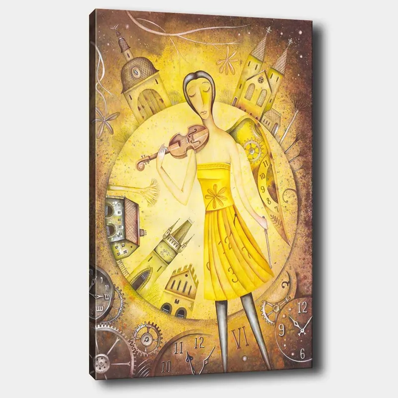 Lerretsbilde 70x100 cm - Kvinne i gul kjole som spiller fiolin, omgitt av klokker og bygninger, Gul / Brun