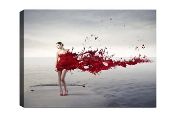 Lerretsbilde 70x100 cm - Kvinne i rød kjole som ser ut til å slippe løs en malingssprutende bevegelse - Rød / Beige - Interiør - Maleri & posters - Lerretsbilder
