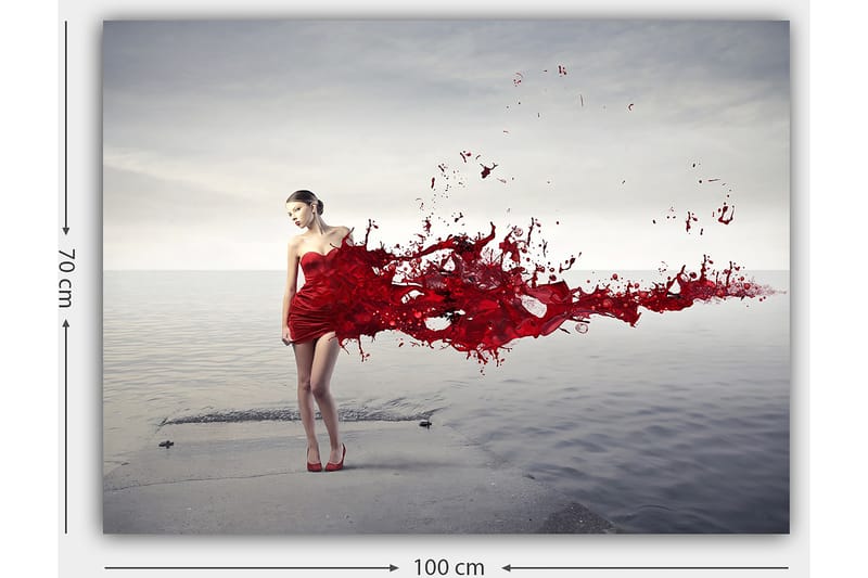 Lerretsbilde 70x100 cm - Kvinne i rød kjole som ser ut til å slippe løs en malingssprutende bevegelse - Rød / Beige - Interiør - Maleri & posters - Lerretsbilder
