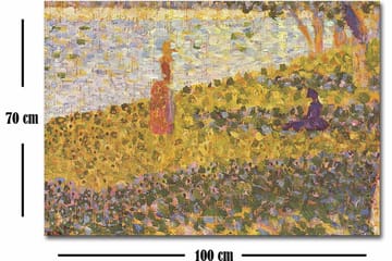 Lerretsbilde 70x100 cm - Kvinne i rød kjole som står på en blomstrende eng ved en innsjø - Gul / Lilla / Grønn - Interiør - Maleri & posters - Lerretsbilder