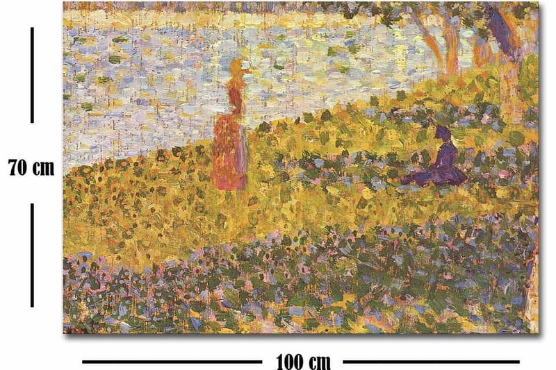 Lerretsbilde 70x100 cm - Kvinne i rød kjole som står på en blomstrende eng ved en innsjø - Gul / Lilla / Grønn - Interiør - Maleri & posters - Lerretsbilder