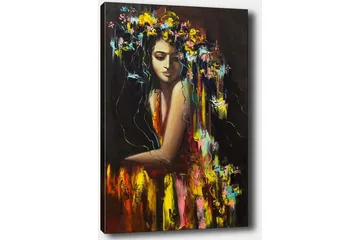 Lerretsbilde 70x100 cm - Kvinne med blomster i håret, utstråler en følelse av mystikk og skjønnhet - Mørk rød / Gul / Grønn - Interiør - Maleri & posters - Lerretsbilder