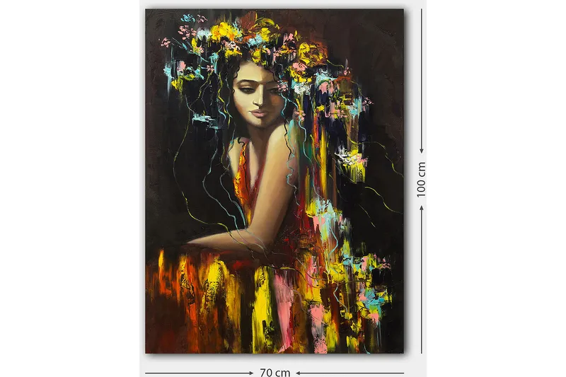 Lerretsbilde 70x100 cm - Kvinne med blomster i håret, utstråler en følelse av mystikk og skjønnhet - Mørk rød / Gul / Grønn - Interiør - Maleri & posters - Lerretsbilder
