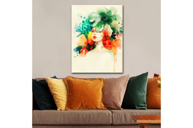 Lerretsbilde 70x100 cm - Kvinne med blomster og planter rundt hodet - Grønn / Oransje / Rød - Interiør - Maleri & posters - Lerretsbilder