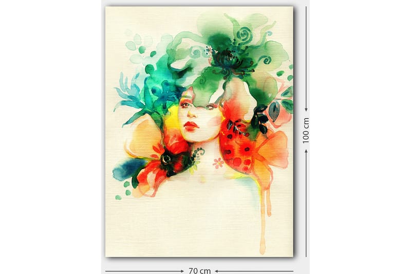 Lerretsbilde 70x100 cm - Kvinne med blomster og planter rundt hodet - Grønn / Oransje / Rød - Interiør - Maleri & posters - Lerretsbilder