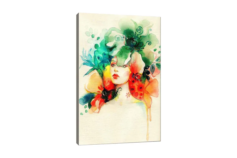 Lerretsbilde 70x100 cm - Kvinne med blomster og planter rundt hodet, Grønn / Oransje / Rød