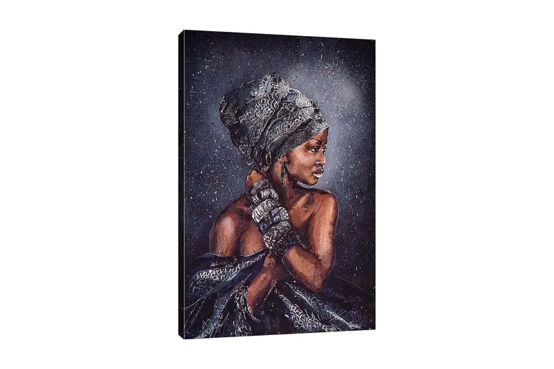 Lerretsbilde 70x100 cm - Kvinne med elegant hodeplagg og smykker, avbildet i profil, Mørk brun / Svart / Grå