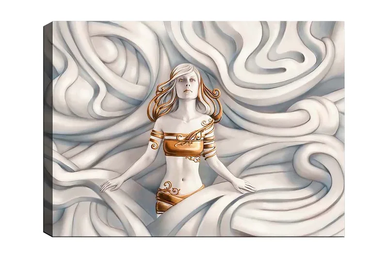 Lerretsbilde 70x100 cm - Kvinne med et drømmende uttrykk omgitt av svaiende, myke former, Hvit / Gull / Beige