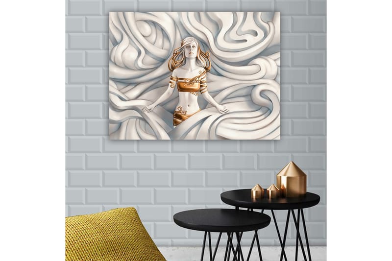 Lerretsbilde 70x100 cm - Kvinne med et drømmende uttrykk omgitt av svaiende, myke former - Hvit / Gull / Beige - Interiør - Maleri & posters - Lerretsbilder
