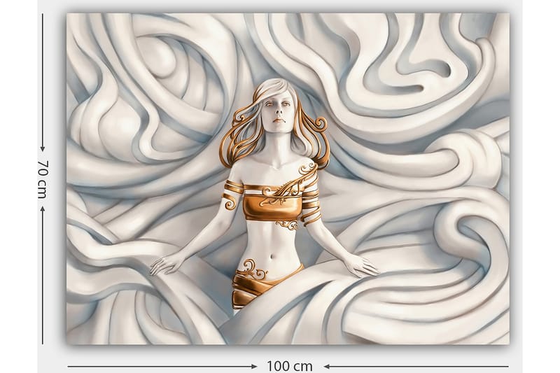 Lerretsbilde 70x100 cm - Kvinne med et drømmende uttrykk omgitt av svaiende, myke former - Hvit / Gull / Beige - Interiør - Maleri & posters - Lerretsbilder
