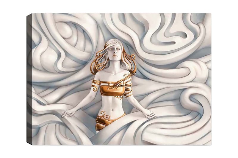 Lerretsbilde 70x100 cm - Kvinne med et drømmende uttrykk omgitt av svaiende, myke former, Hvit / Gull / Beige