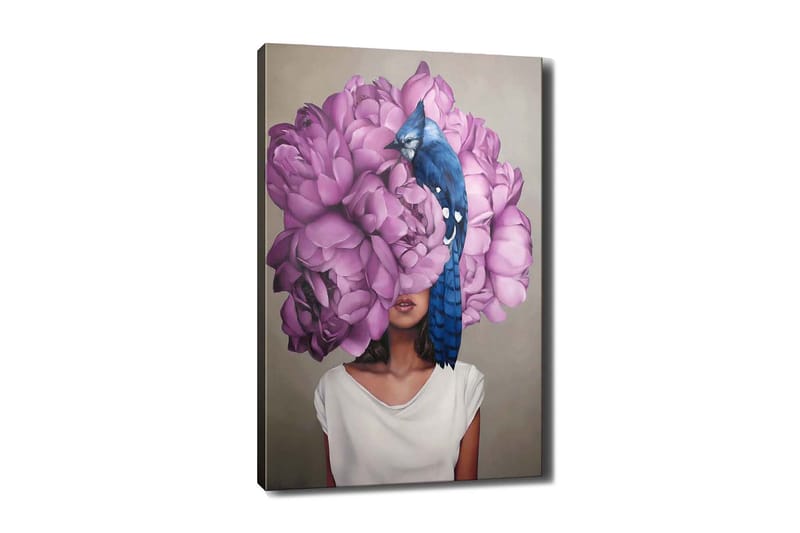 Lerretsbilde 70x100 cm - Kvinne med et hode av store, lilla blomster og en blå fugl som sitter på blomstene - Lilla / Blå - Interiør - Maleri & posters - Lerretsbilder