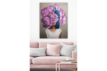 Lerretsbilde 70x100 cm - Kvinne med et hode av store, lilla blomster og en blå fugl som sitter på blomstene - Lilla / Blå - Interiør - Maleri & posters - Lerretsbilder