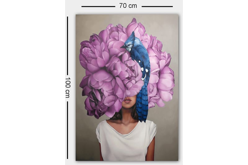 Lerretsbilde 70x100 cm - Kvinne med et hode av store, lilla blomster og en blå fugl som sitter på blomstene - Lilla / Blå - Interiør - Maleri & posters - Lerretsbilder