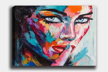 Lerretsbilde 70x100 cm - Kvinne med et mystisk blikk som holder en finger mot leppene i en stille gest - Blå / Rød / Oransje - Interiør - Maleri & posters - Lerretsbilder