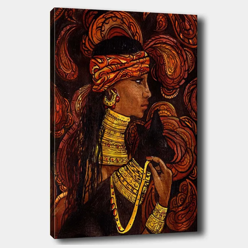 Lerretsbilde 70x100 cm - Kvinne med et svart dyr, omgitt av svingende mønstre i varme farger, Rød / Oransje / Svart