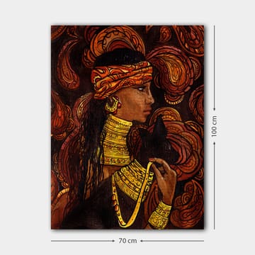 Lerretsbilde 70x100 cm - Kvinne med et svart dyr, omgitt av svingende mønstre i varme farger - Rød / Oransje / Svart - Interiør - Maleri & posters - Lerretsbilder