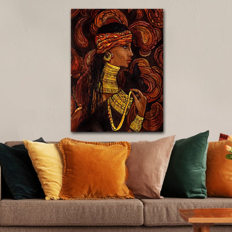 Lerretsbilde 70x100 cm - Kvinne med et svart dyr, omgitt av svingende mønstre i varme farger - Rød / Oransje / Svart - Interiør - Maleri & posters - Lerretsbilder