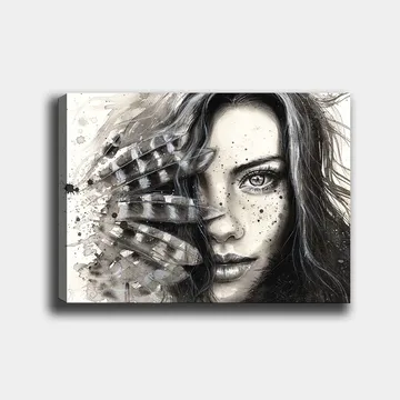 Lerretsbilde 70x100 cm - Kvinne med intenst blikk, delvis skjult av fjær og abstrakte mønstre - Svart / Grå / Hvit - Interiør - Maleri & posters - Lerretsbilder