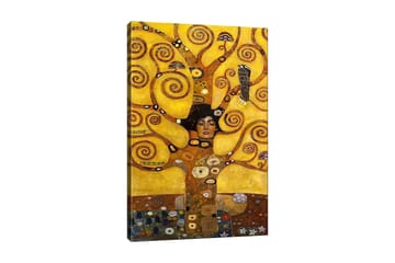 Lerretsbilde 70x100 cm - Kvinne med lukkede øyne omgitt av spinnende, gylne grener og symbolske elementer - Gull / Brun / Svart - Interiør - Maleri & posters - Lerretsbilder