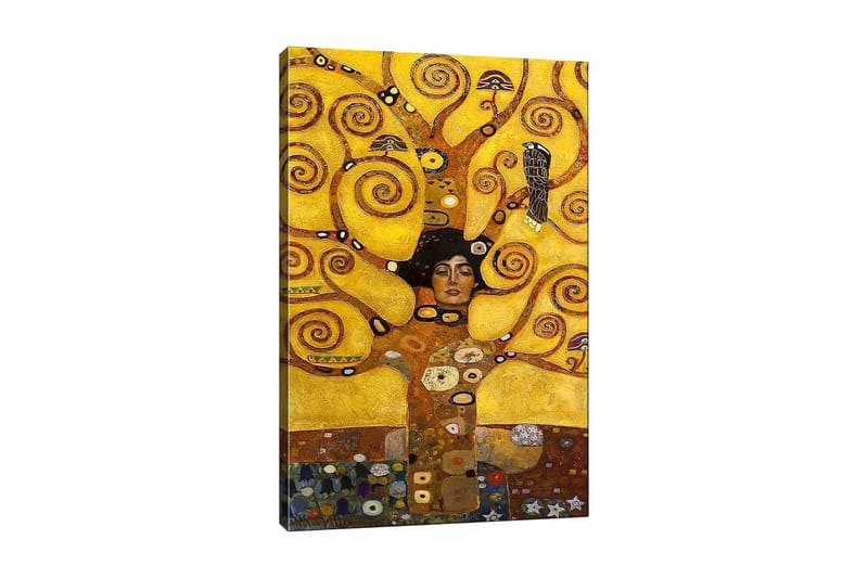 Lerretsbilde 70x100 cm - Kvinne med lukkede øyne omgitt av spinnende, gylne grener og symbolske elementer, Gull / Brun / Svart