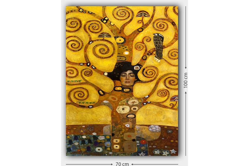 Lerretsbilde 70x100 cm - Kvinne med lukkede øyne omgitt av spinnende, gylne grener og symbolske elementer - Gull / Brun / Svart - Interiør - Maleri & posters - Lerretsbilder