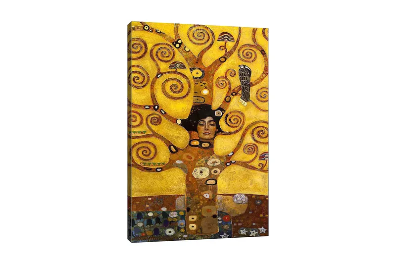 Lerretsbilde 70x100 cm - Kvinne med lukkede øyne omgitt av spinnende, gylne grener og symbolske elementer, Gull / Brun / Svart