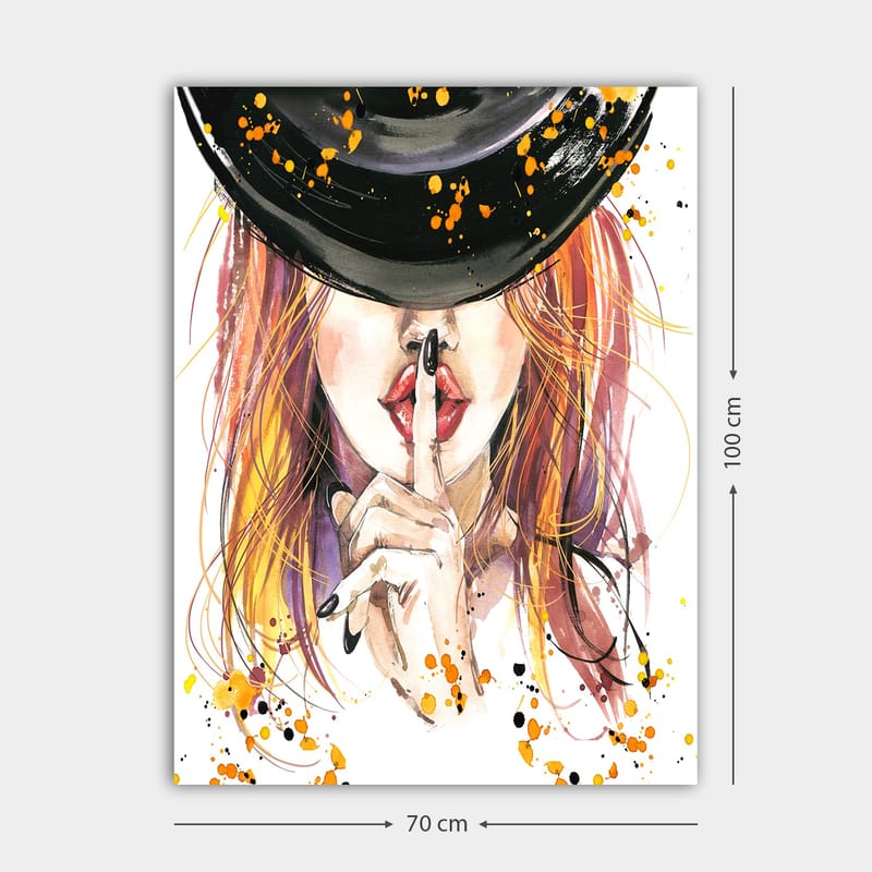 Lerretsbilde 70x100 cm - Kvinne med rødlig hår som holder en finger mot leppene i en stillhetsgest - Rød / Svart / Oransje - Interiør - Maleri & posters - Lerretsbilder