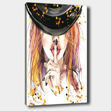 Lerretsbilde 70x100 cm - Kvinne med rødlig hår som holder en finger mot leppene i en stillhetsgest - Rød / Svart / Oransje - Interiør - Maleri & posters - Lerretsbilder