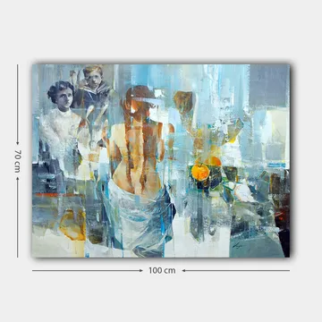 Lerretsbilde 70x100 cm - Kvinne med ryggen til betrakteren, omgitt av abstrakte former og figurer - Blå / Oransje / Grå - Interiør - Maleri & posters - Lerretsbilder