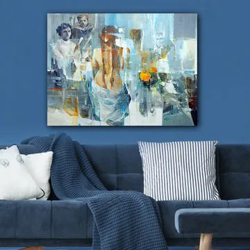 Lerretsbilde 70x100 cm - Kvinne med ryggen til betrakteren, omgitt av abstrakte former og figurer - Blå / Oransje / Grå - Interiør - Maleri & posters - Lerretsbilder