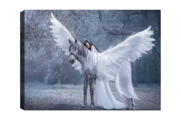 Lerretsbilde 70x100 cm - Kvinne med vinger som omfavner en grå hest med store hvite vinger - Hvit / Grå / Lys blå - Interiør - Maleri & posters - Lerretsbilder
