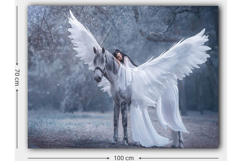 Lerretsbilde 70x100 cm - Kvinne med vinger som omfavner en grå hest med store hvite vinger - Hvit / Grå / Lys blå - Interiør - Maleri & posters - Lerretsbilder