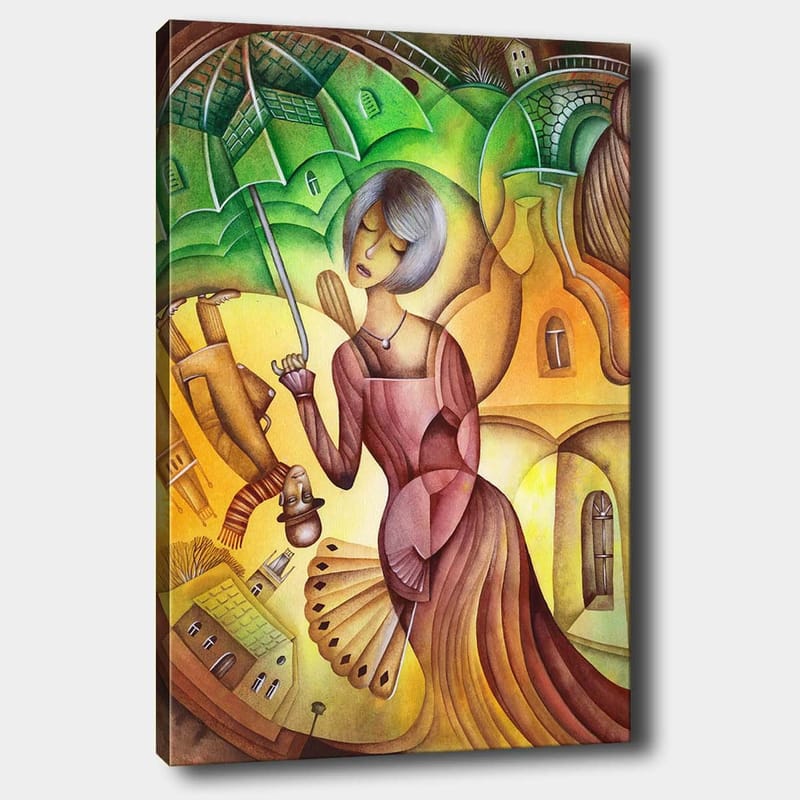 Lerretsbilde 70x100 cm - Kvinne med paraply i et fargerikt og stilisert landskapsmiljø, Grønn / Gul / Brun