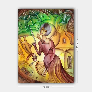 Lerretsbilde 70x100 cm - Kvinne med paraply i et fargerikt og stilisert landskapsmiljø - Grønn / Gul / Brun - Interiør - Maleri & posters - Lerretsbilder