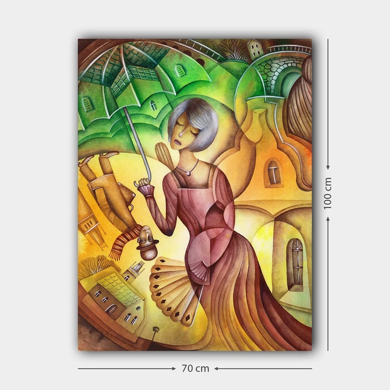 Lerretsbilde 70x100 cm - Kvinne med paraply i et fargerikt og stilisert landskapsmiljø - Grønn / Gul / Brun - Interiør - Maleri & posters - Lerretsbilder