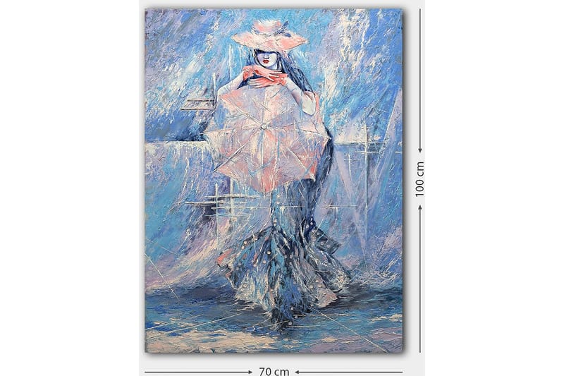 Lerretsbilde 70x100 cm - Kvinne med parasoll kledd i en elegant kjole, omgitt av en drømmende, blåaktig bakgrunn - Blå / Rosa / Hvit - Interiør - Maleri & posters - Lerretsbilder