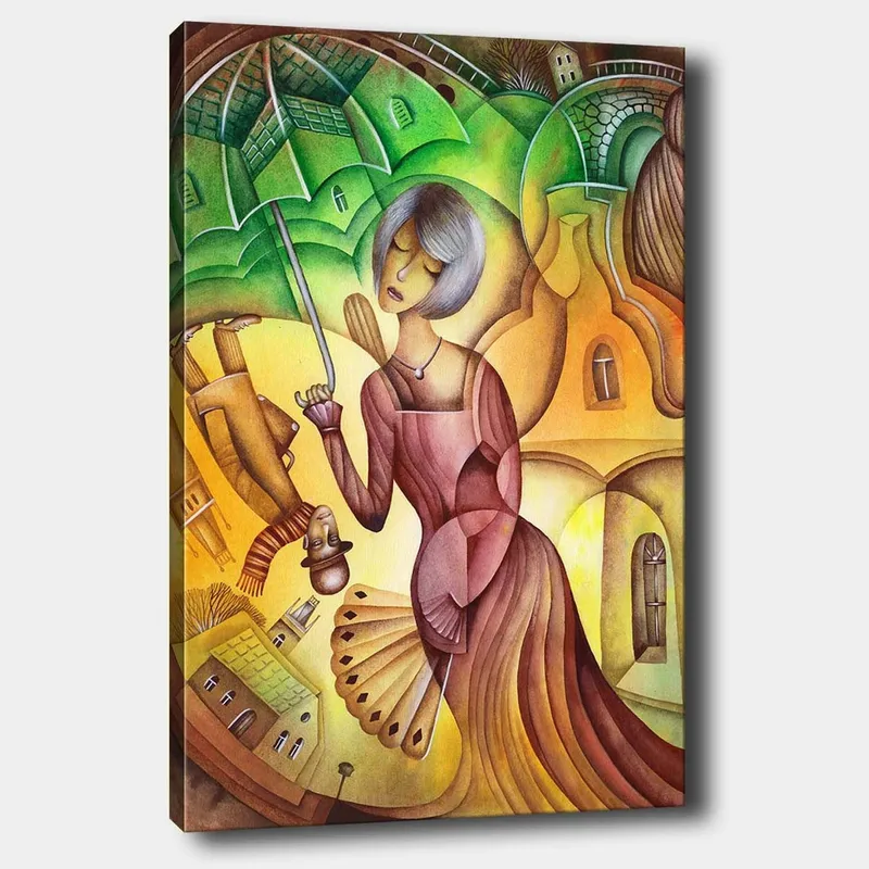 Lerretsbilde 70x100 cm - Kvinne med paraply i et fargerikt og stilisert landskapsmiljø, Grønn / Gul / Brun